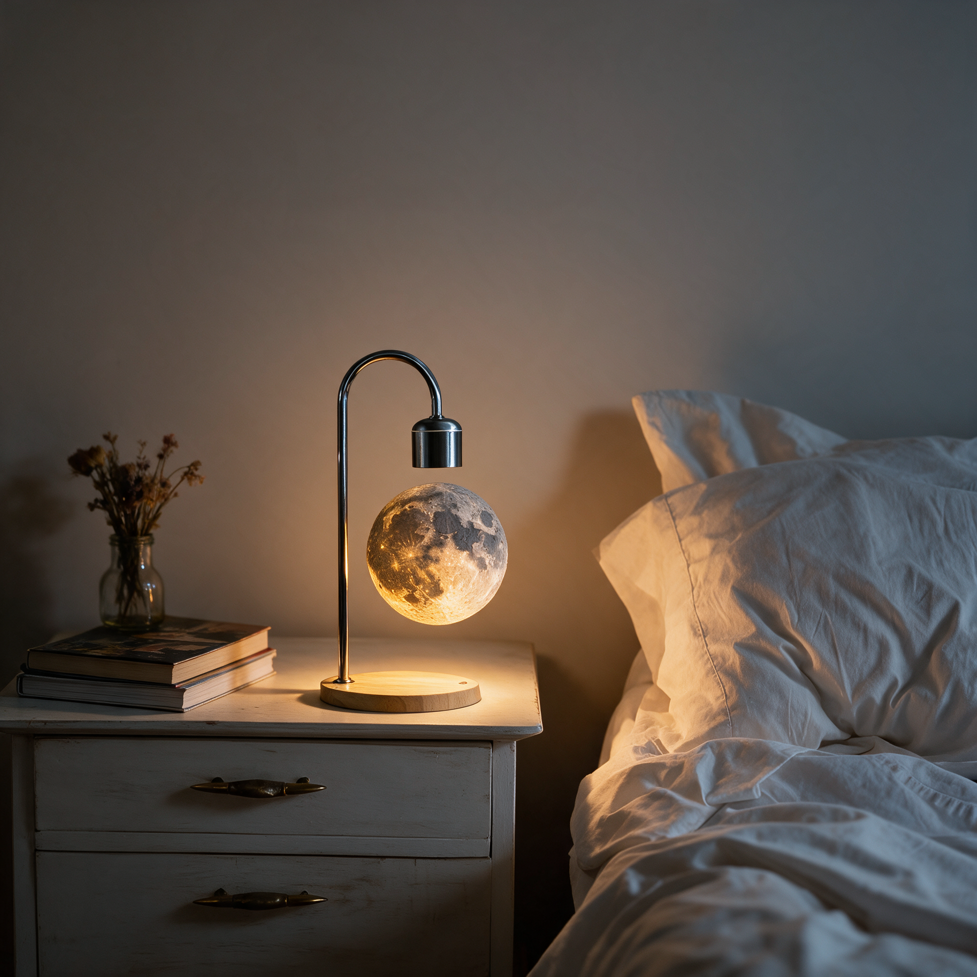 Moon Light - warm yellow, nightstand with dried flowers